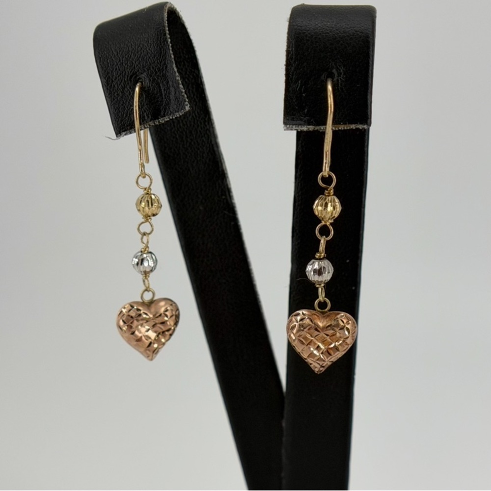 Real 14K Two Tone Gold Heart Dangle Earrings 1.1g Yellow & Rose Gold New
